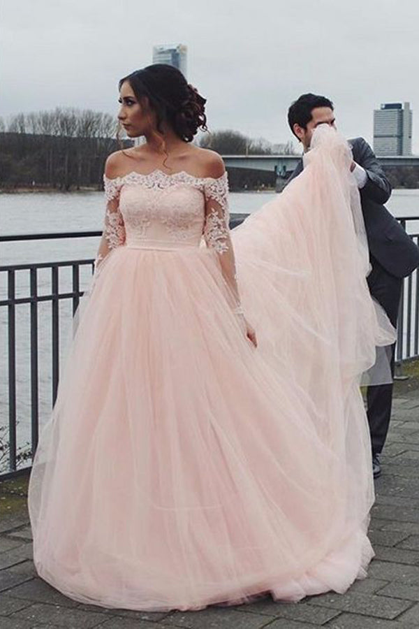 A-Linie, schulterfrei, lange Ärmel, zartrosa, Brautkleid WD688