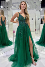 A-Linie Dunkelgrün V-Ausschnitt Pailletten Tüll Ballkleid PSK486