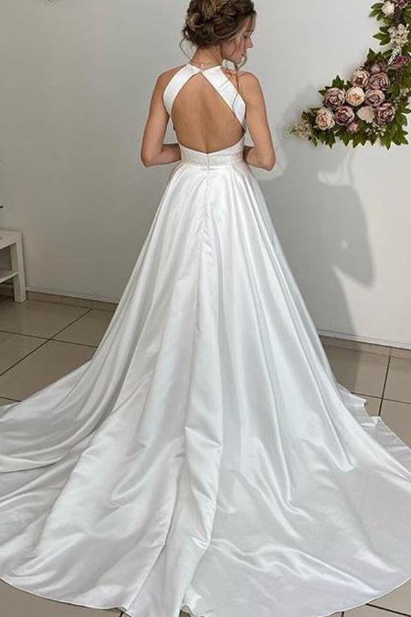 Vestido de novia largo de satén con escote halter, espalda descubierta y cinturón de cuentas WD562