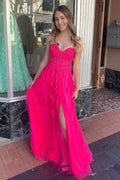 Vestido de fiesta largo rosa intenso, sin tirantes, con apliques florales, corte A, PSK495