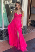 Vestido de fiesta largo rosa intenso, sin tirantes, con apliques florales, corte A, PSK495