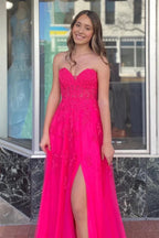 Vestido de fiesta largo rosa intenso, sin tirantes, con apliques florales, corte A, PSK495