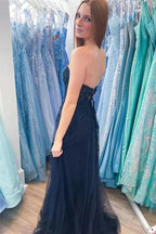 Vestido de fiesta largo rosa intenso, sin tirantes, con apliques florales, corte A, PSK495