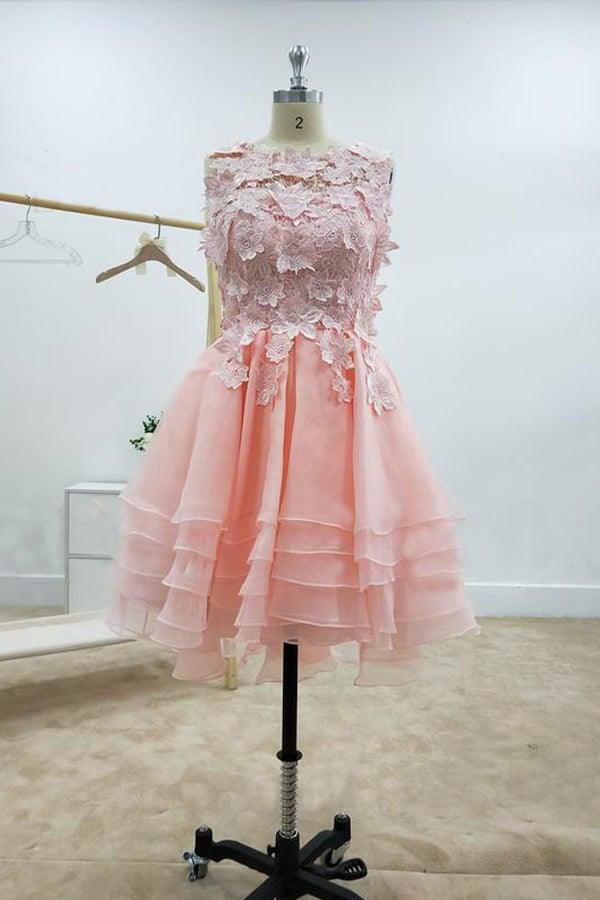 A-Linie Spitze Bateau-Ausschnitt Rosa Homecoming Kleider Mit Applikationen PD429