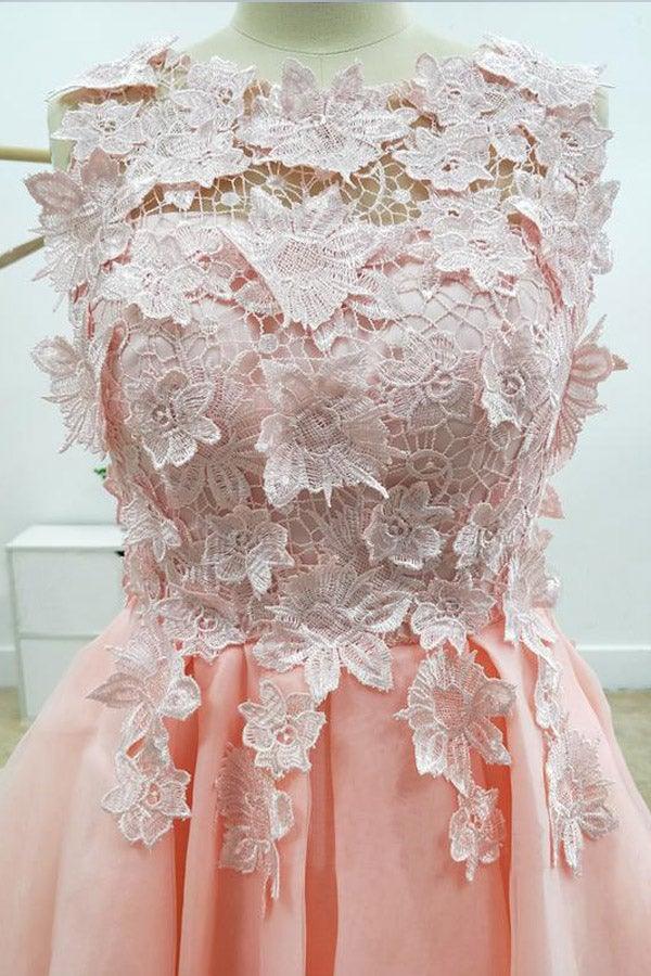 A-Linie Spitze Bateau-Ausschnitt Rosa Homecoming Kleider Mit Applikationen PD429