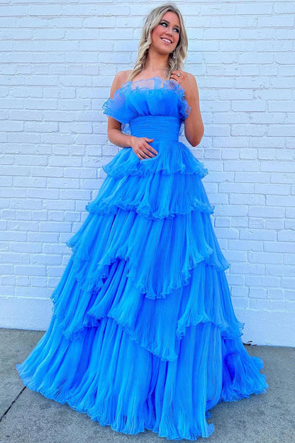 Schulterfreies Ballkleid aus Tüll mit Rüschenlagen SYP144