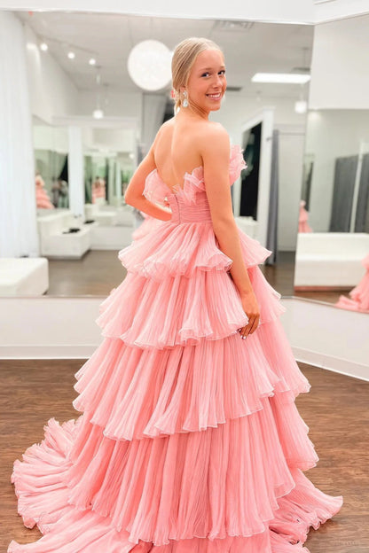 Schulterfreies Ballkleid aus Tüll mit Rüschenlagen SYP144