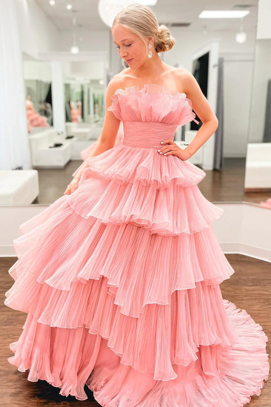 Schulterfreies Ballkleid aus Tüll mit Rüschenlagen SYP144