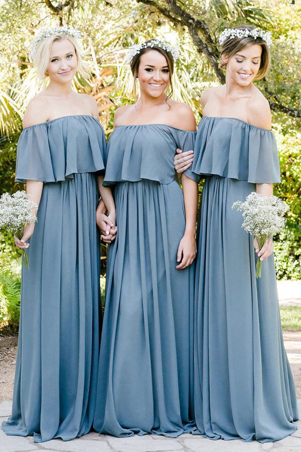 Vestido de dama de honor plisado con volantes y hombros descubiertos en gris azulado BD137