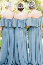Vestido de dama de honor plisado con volantes y hombros descubiertos en gris azulado BD137