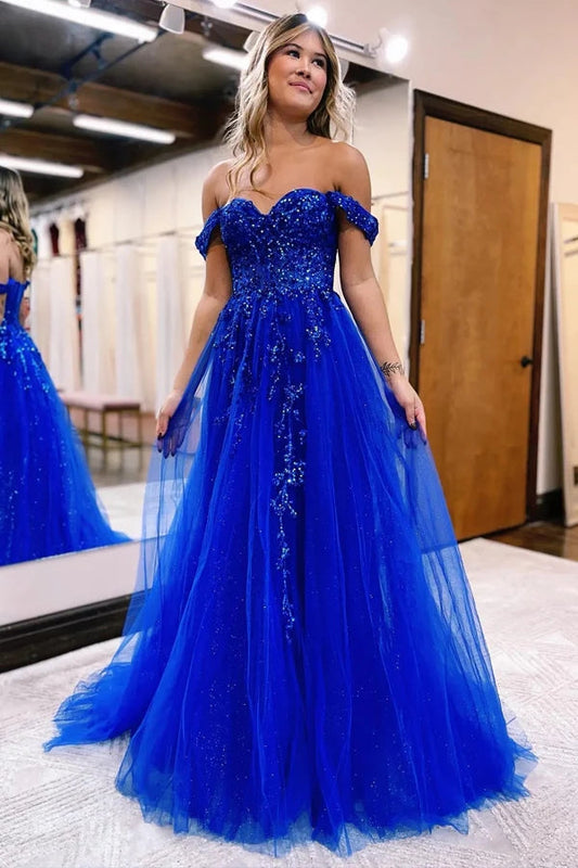 Robe de bal trapèze à épaules dénudées et à appliqués PSK519
