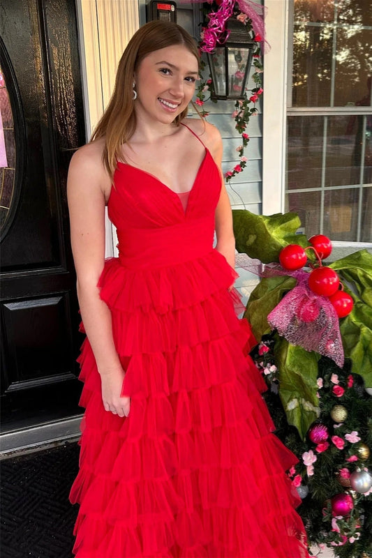 A-line Red Layers Plunging V Neck Long Prom Dress