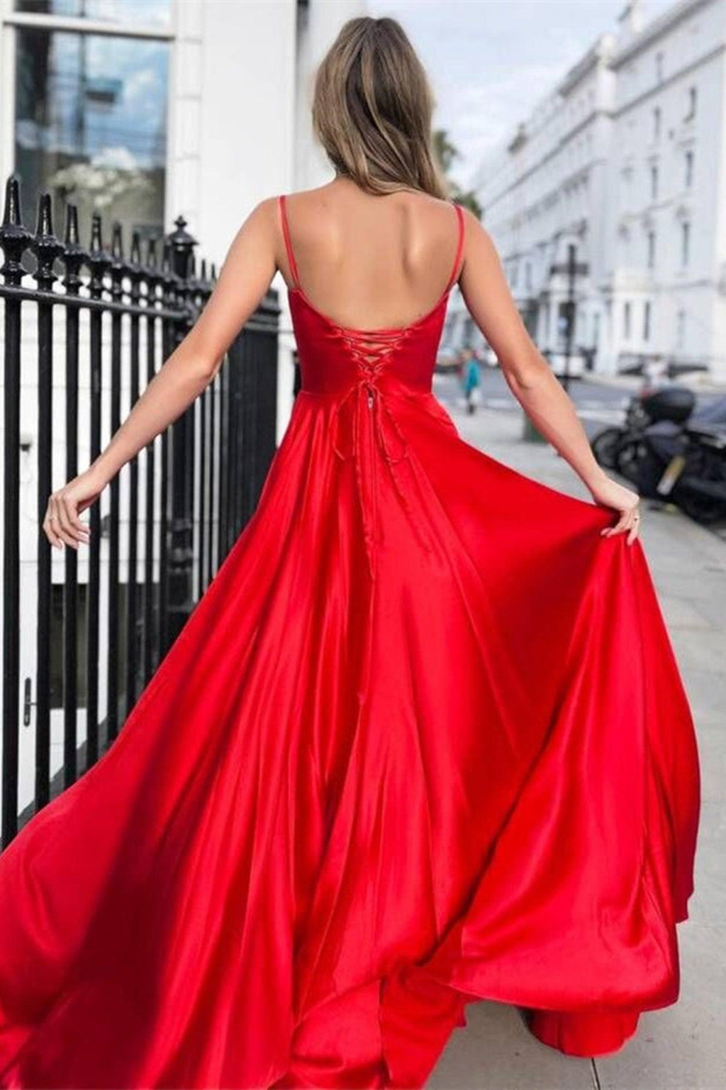 A-Linie Satin U-Ausschnitt Langes Ballkleid Träger Abendkleid PSK356