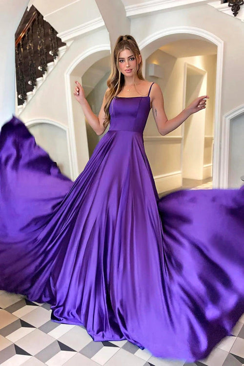Vestido de fiesta largo de satén con escote redondo y tirantes, corte A, vestido formal PSK356
