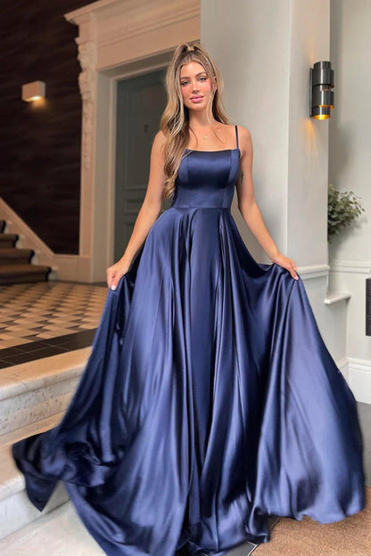 A-Linie Satin U-Ausschnitt Langes Ballkleid Träger Abendkleid PSK356
