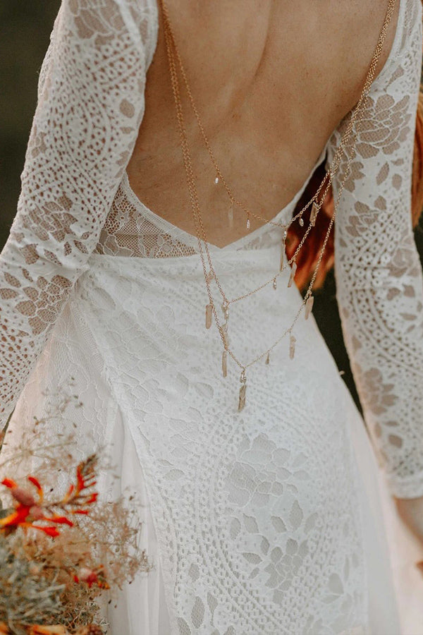 A-line Scoop Neck Backless Long Sleeves Beach Wedding Dresses WD703