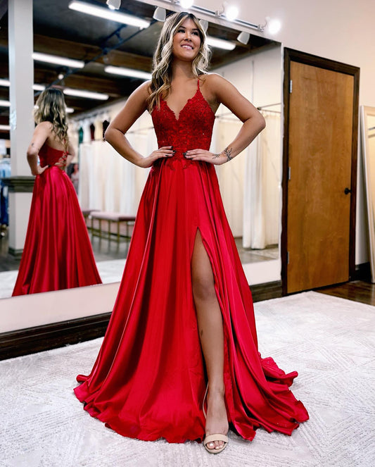 Sunnderly A-line Spaghetti Straps Corset Back Prom Dress With Split