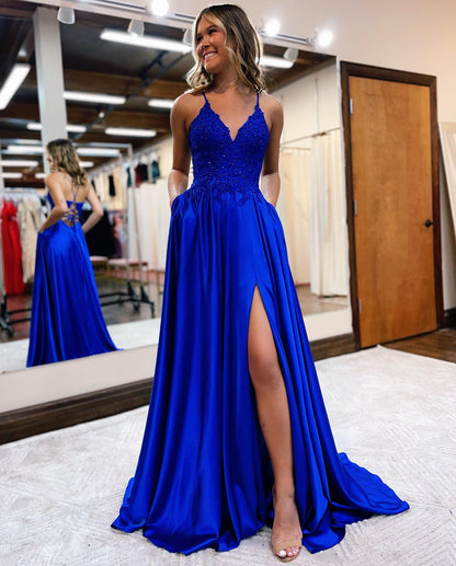 Vestido de fiesta Sunnderly de corte A con tirantes finos, espalda corsé y abertura