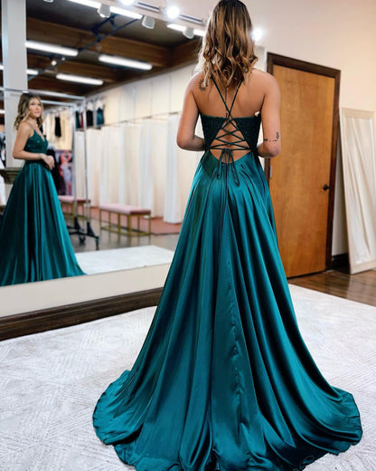 Vestido de fiesta Sunnderly de corte A con tirantes finos, espalda corsé y abertura
