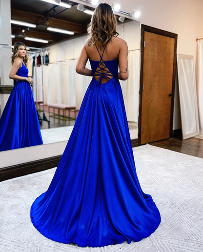Vestido de fiesta Sunnderly de corte A con tirantes finos, espalda corsé y abertura