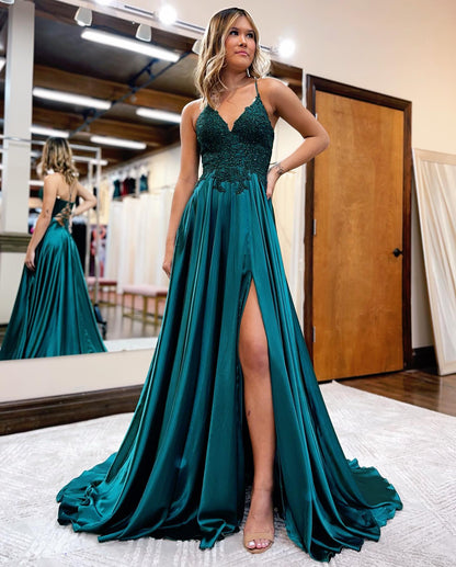 Vestido de fiesta Sunnderly de corte A con tirantes finos, espalda corsé y abertura