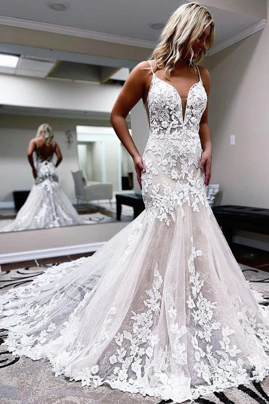 A-Linie Spaghettiträger Meerjungfrau Brautkleid mit Spitzenapplikationen WD693