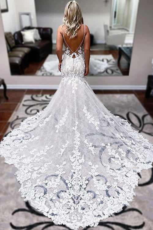 Vestido de novia sirena con tirantes finos y apliques de encaje WD693