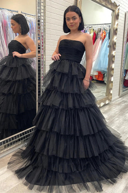 Trägerloses, plissiertes, mehrlagiges Tüll-Ballkleid SYP148