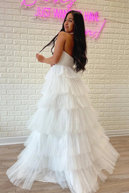 Trägerloses, plissiertes, mehrlagiges Tüll-Ballkleid SYP148