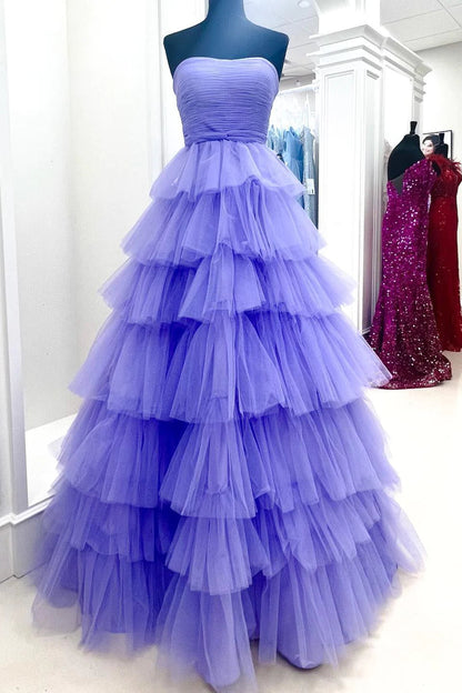 Trägerloses, plissiertes, mehrlagiges Tüll-Ballkleid SYP148