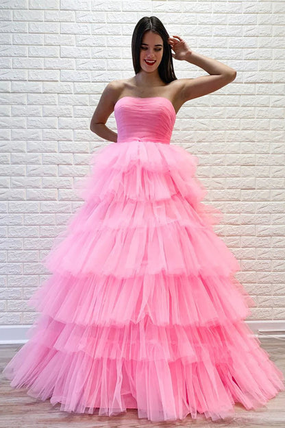 Trägerloses, plissiertes, mehrlagiges Tüll-Ballkleid SYP148