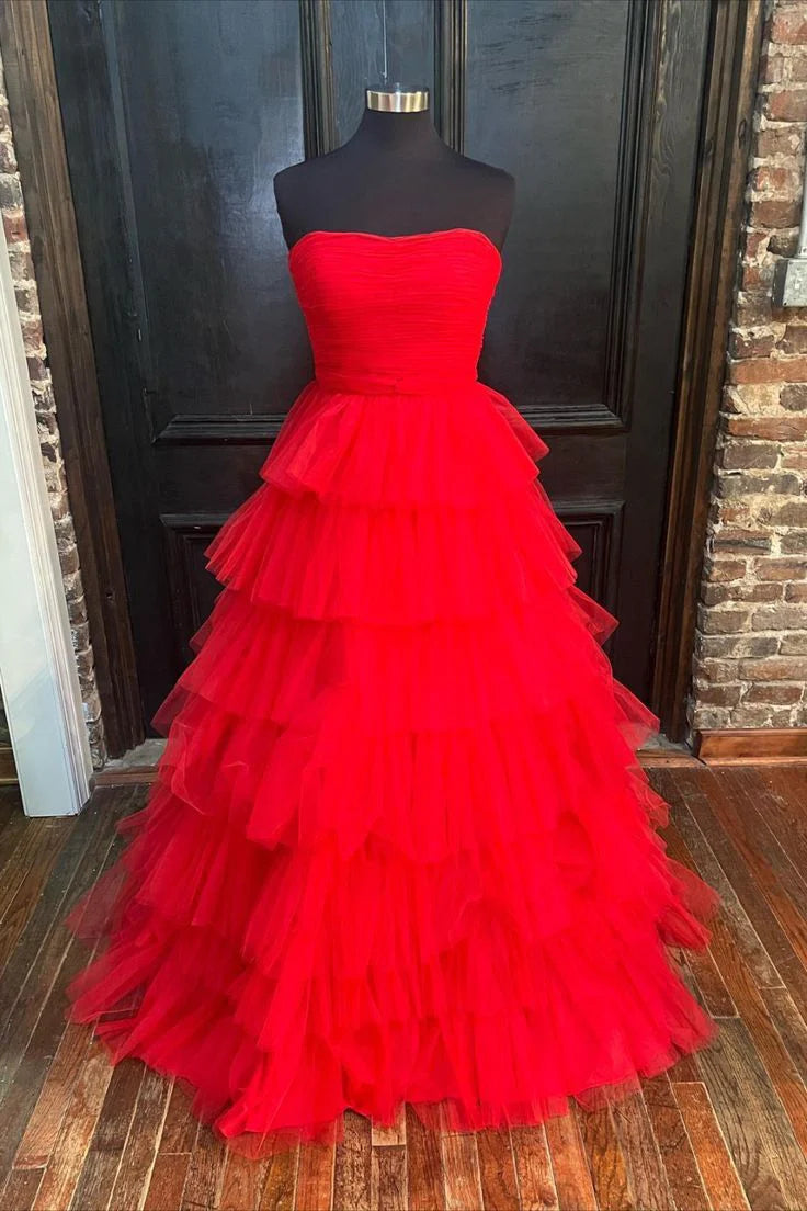 Trägerloses, plissiertes, mehrlagiges Tüll-Ballkleid SYP148