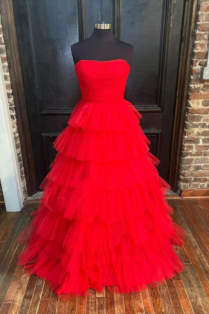 Trägerloses, plissiertes, mehrlagiges Tüll-Ballkleid SYP148