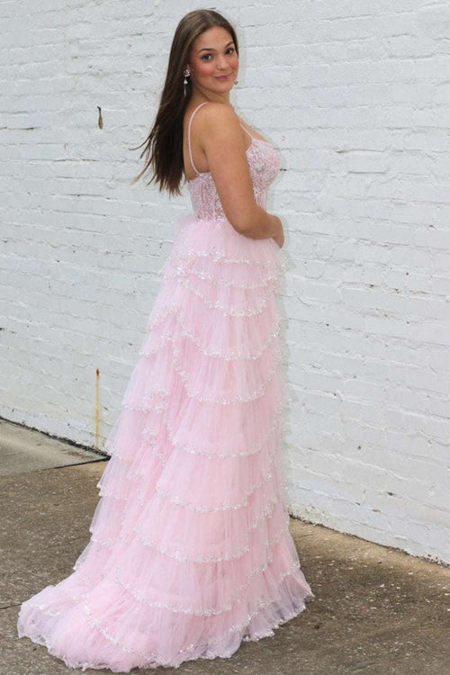 Vestido de fiesta de encaje con lentejuelas rosas, escote pronunciado y tirantes finos, PSK484