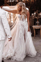 A-Linie Herzausschnitt Spitze Applikationen Boho Langes Brautkleid WD753