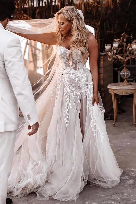 A-Linie Herzausschnitt Spitze Applikationen Boho Langes Brautkleid WD753