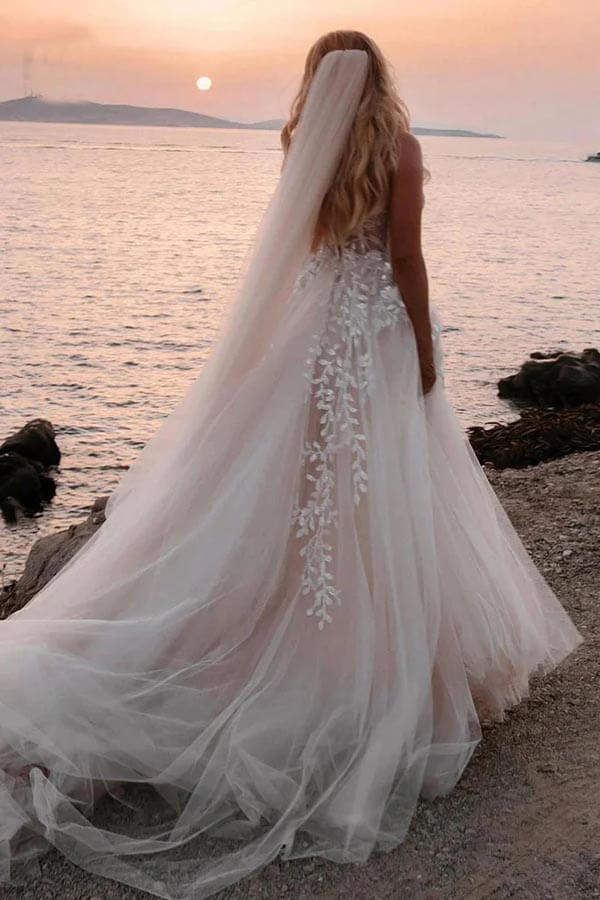 A-Linie Herzausschnitt Spitze Applikationen Boho Langes Brautkleid WD753
