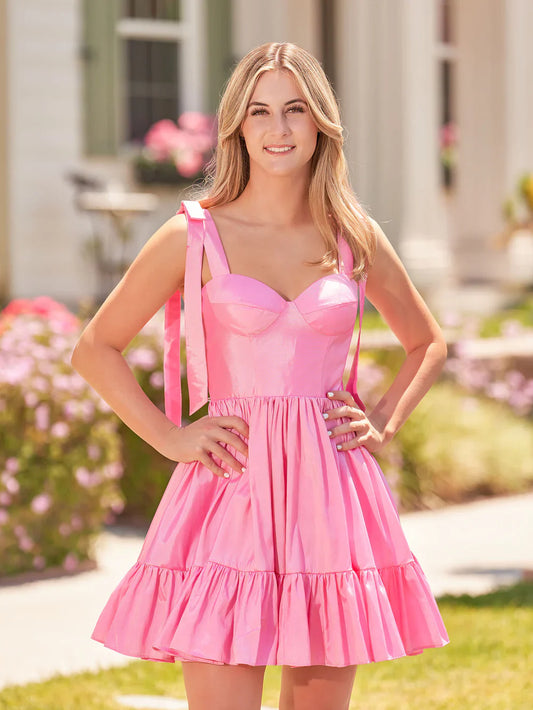 Vestido de festa com babados e decote em A e alças de laço SYH104