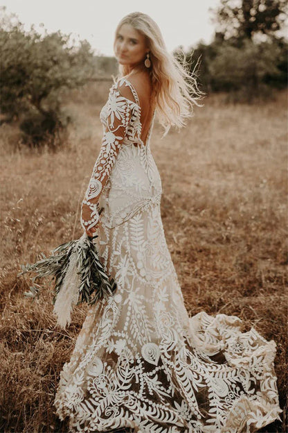 Etuikleid Einzigartiges Spitzenkleid mit langen Ärmeln im Bohemian-Stil WD752