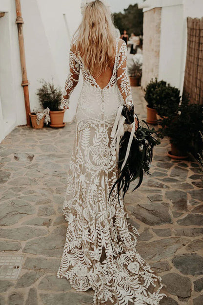 Etuikleid Einzigartiges Spitzenkleid mit langen Ärmeln im Bohemian-Stil WD752