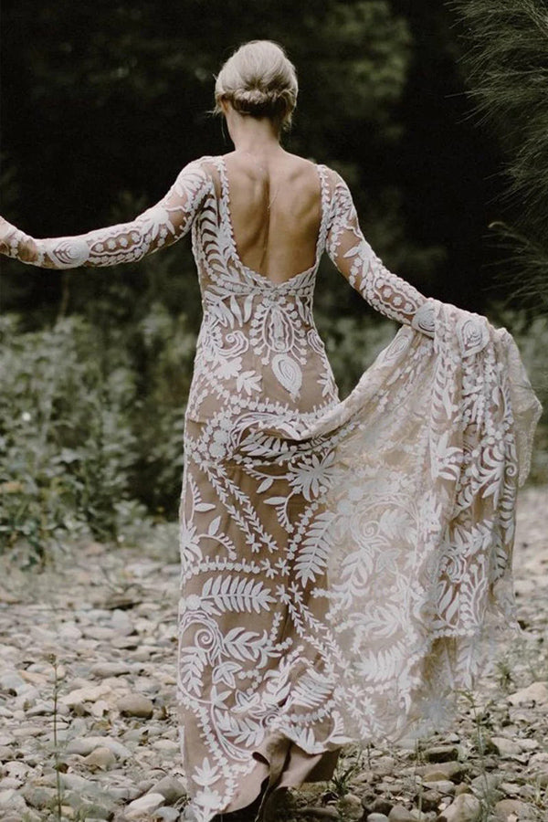 Etuikleid Einzigartiges Spitzenkleid mit langen Ärmeln im Bohemian-Stil WD752