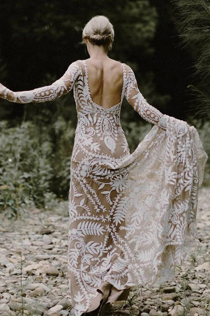 Etuikleid Einzigartiges Spitzenkleid mit langen Ärmeln im Bohemian-Stil WD752