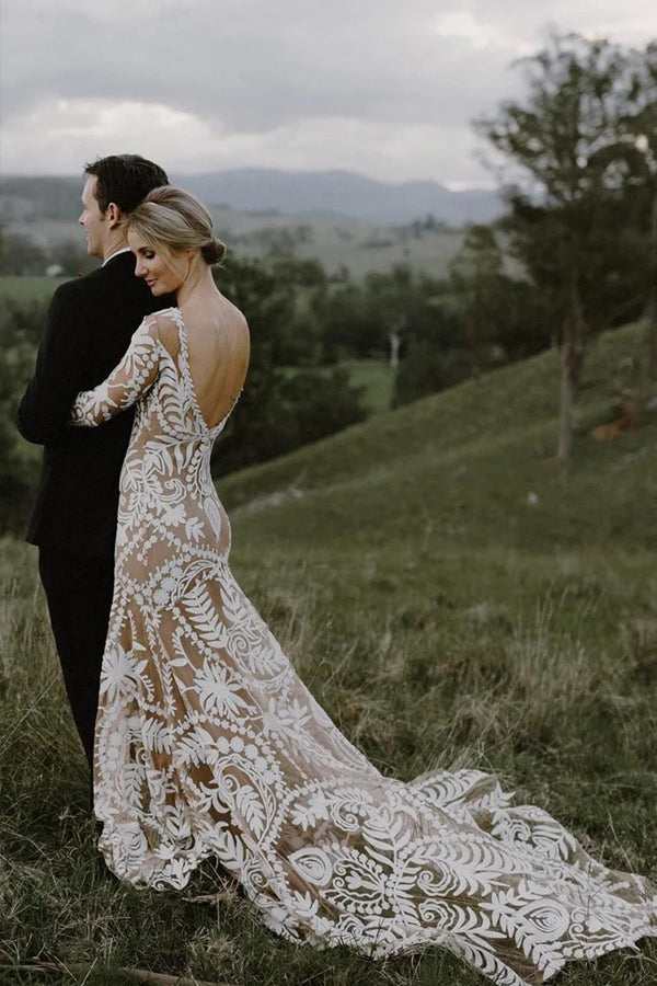 Etuikleid Einzigartiges Spitzenkleid mit langen Ärmeln im Bohemian-Stil WD752