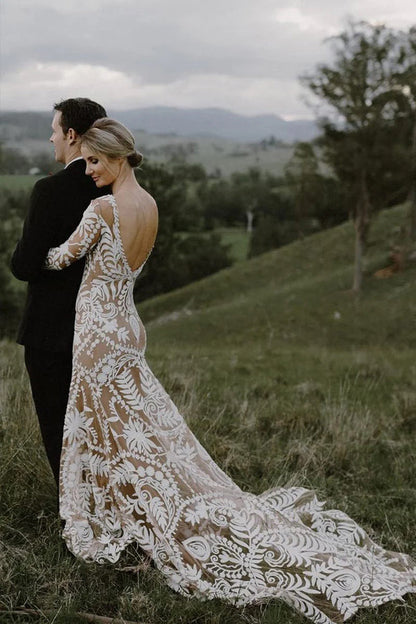 Etuikleid Einzigartiges Spitzenkleid mit langen Ärmeln im Bohemian-Stil WD752