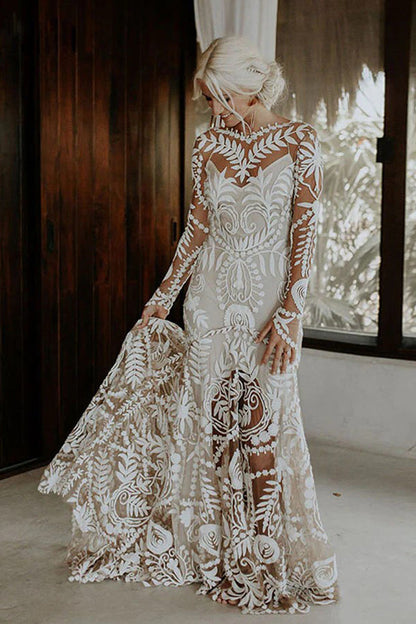 Etuikleid Einzigartiges Spitzenkleid mit langen Ärmeln im Bohemian-Stil WD752