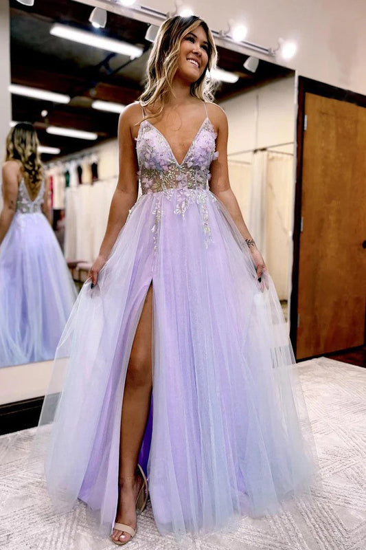 Robe de bal trapèze en tulle à bretelles spaghetti et col en V PSK523