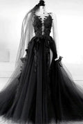 A-Linie V-Ausschnitt Schwarzes langes Ballkleid Blumen Abendkleid PSK431