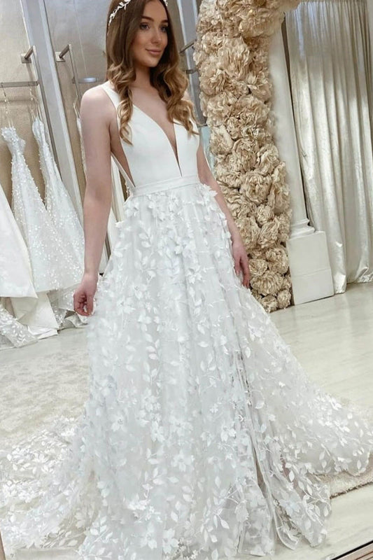 A-Linie V-Ausschnitt Elegante Blumenspitze Brautkleider WD697
