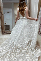 A-Linie V-Ausschnitt Elegante Blumenspitze Brautkleider WD697