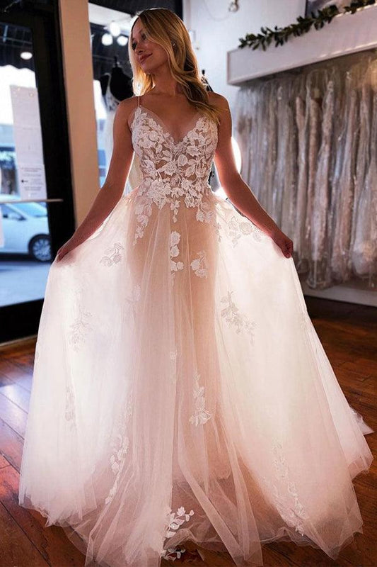 A-Linie V-Ausschnitt Helles Champagner Tüll Elfenbein Spitze Brautkleid WD595